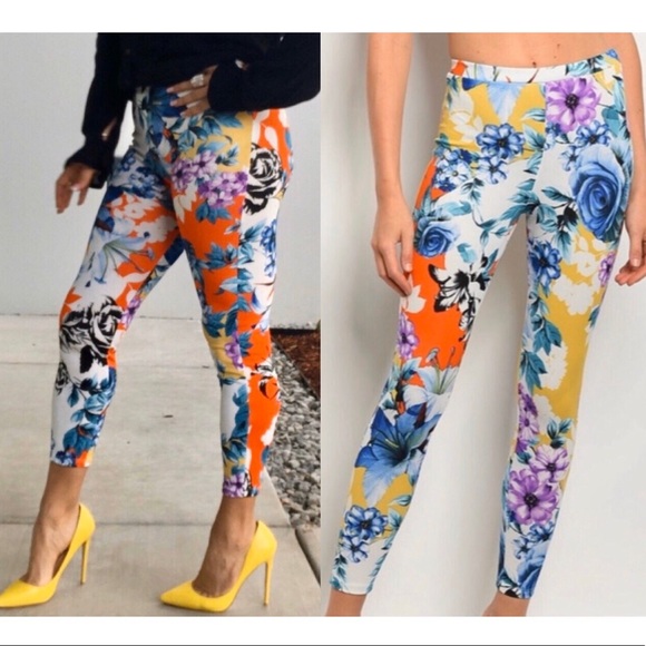 Ivory + blue multicolor floral print leggings - Picture 3 of 8